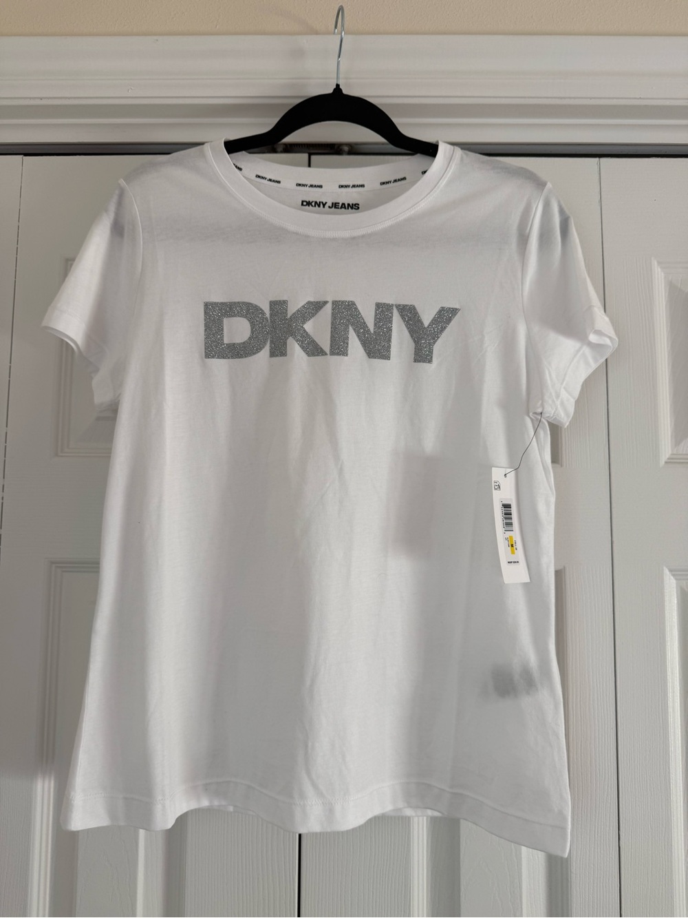 DKNY White Short-Sleeve Tee with Silver Glitter Logo